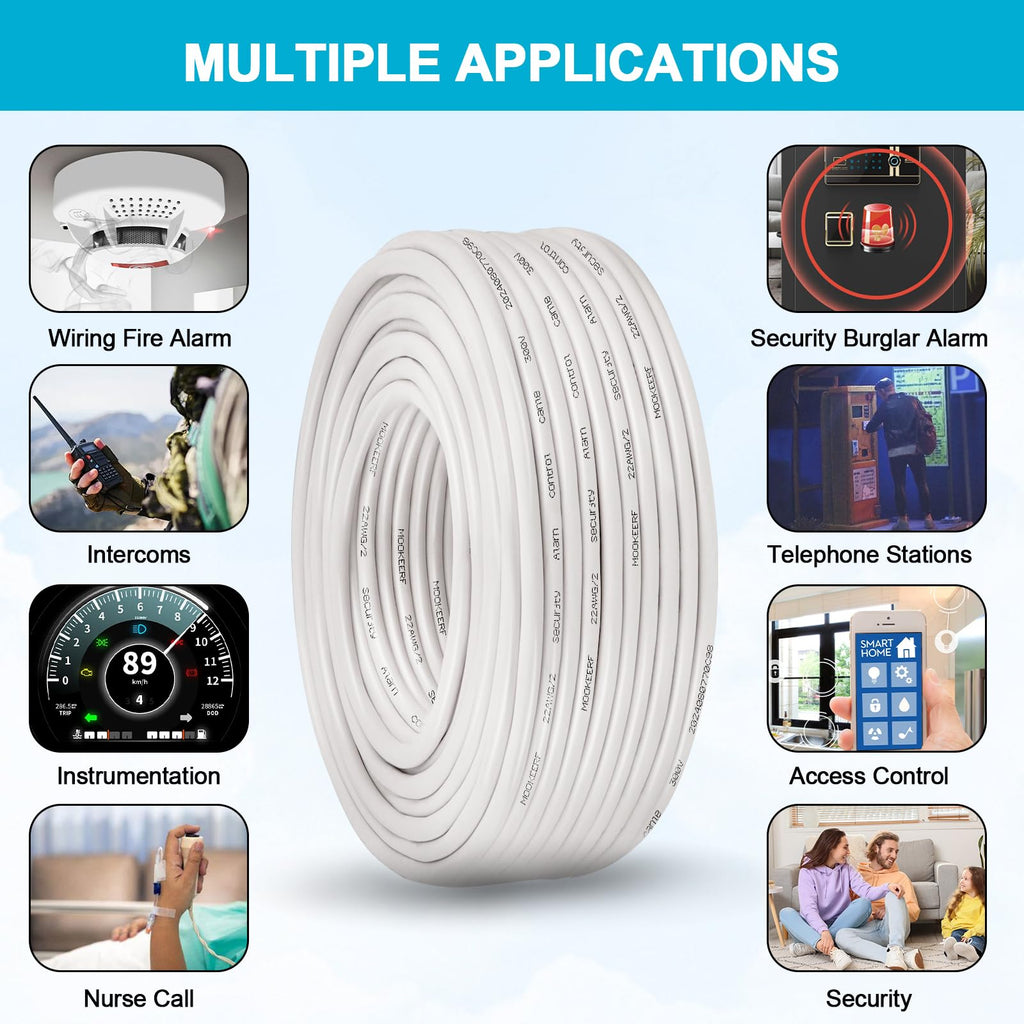 MOOKEERF 22/2 Shielded Wire 200FT 22AWG 2 Conductor Shielded Plenum Cable White CL3P Jacket Alarm Control Cable for Low