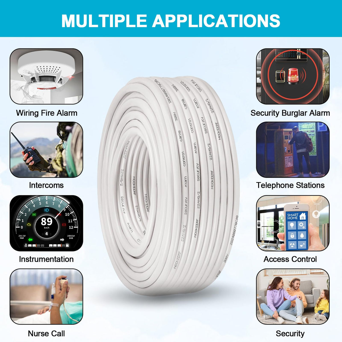 MOOKEERF 22/2 Shielded Wire 200FT 22AWG 2 Conductor Shielded Plenum Cable White CL3P Jacket Alarm Control Cable for Low
