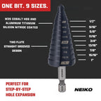 NEIKO 10624B Step Drill Bit, 9 Steps 1/2" to 1" Straight M35 Cobalt, AlTiSiN Coated, 1/4" (additional view 1)