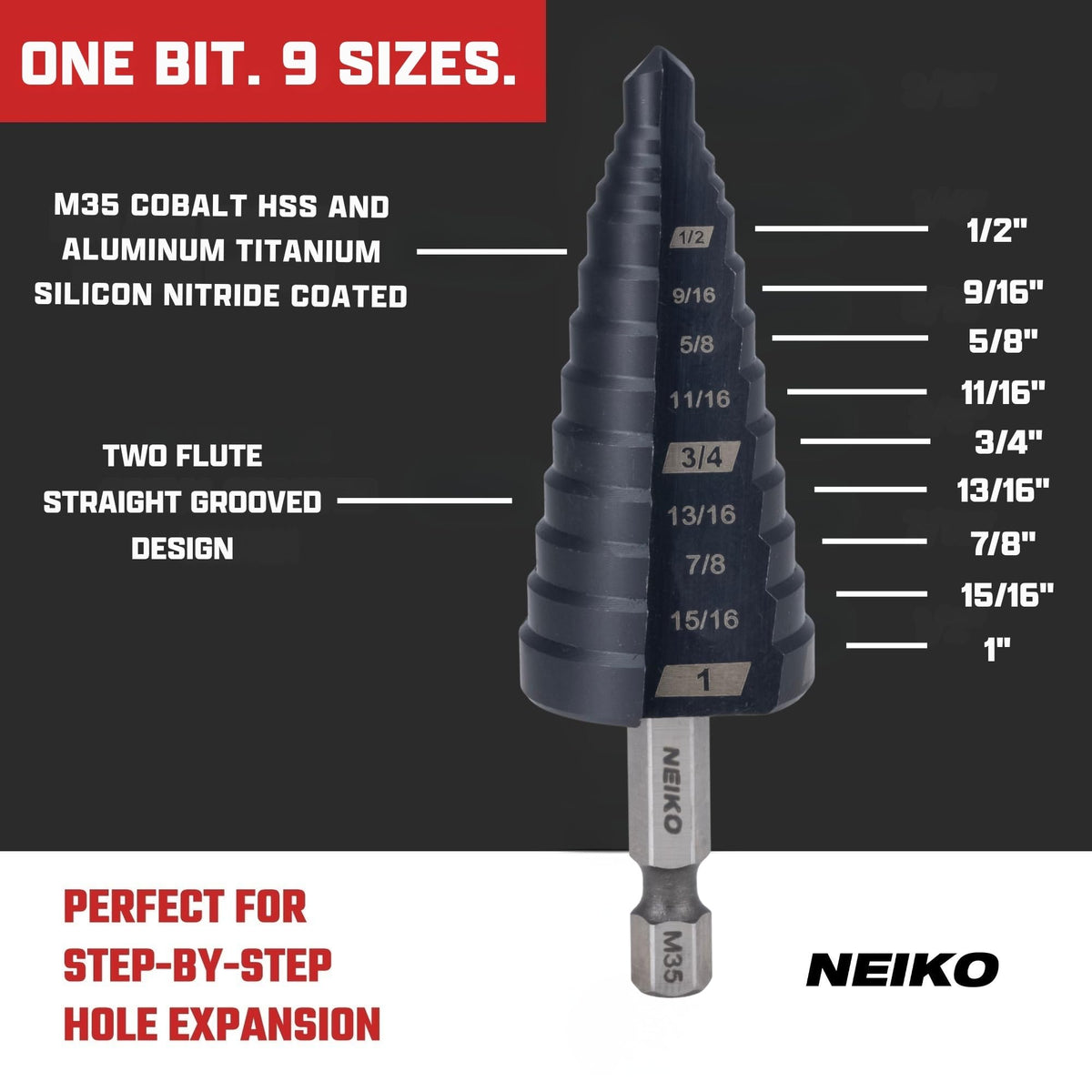 NEIKO 10624B Step Drill Bit, 9 Steps 1/2" to 1" Straight M35 Cobalt, AlTiSiN Coated, 1/4" (additional view 1)