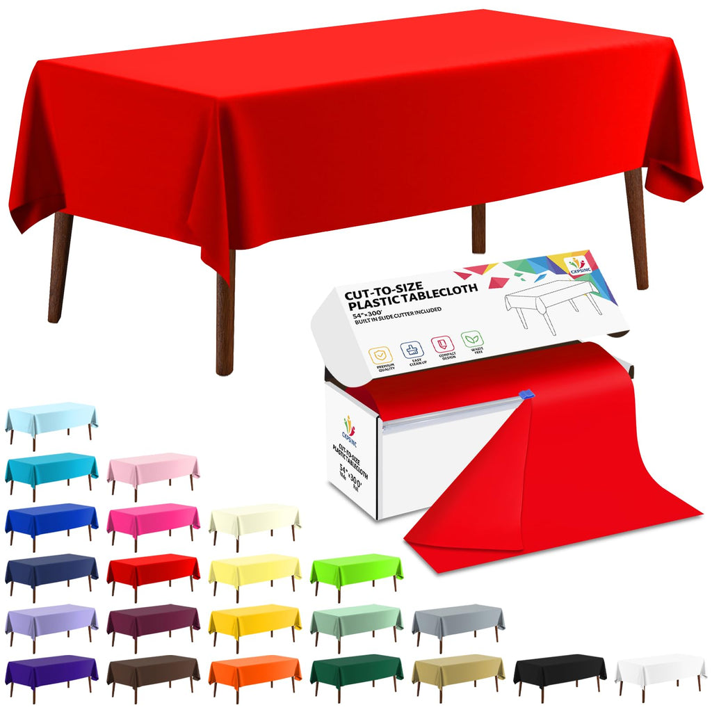 CXPSINC 54 Inch Plastic Table Cover Roll Disposable Tablecloth with Slide Cutter - Red / 3600" x 54" (Rectangular)
