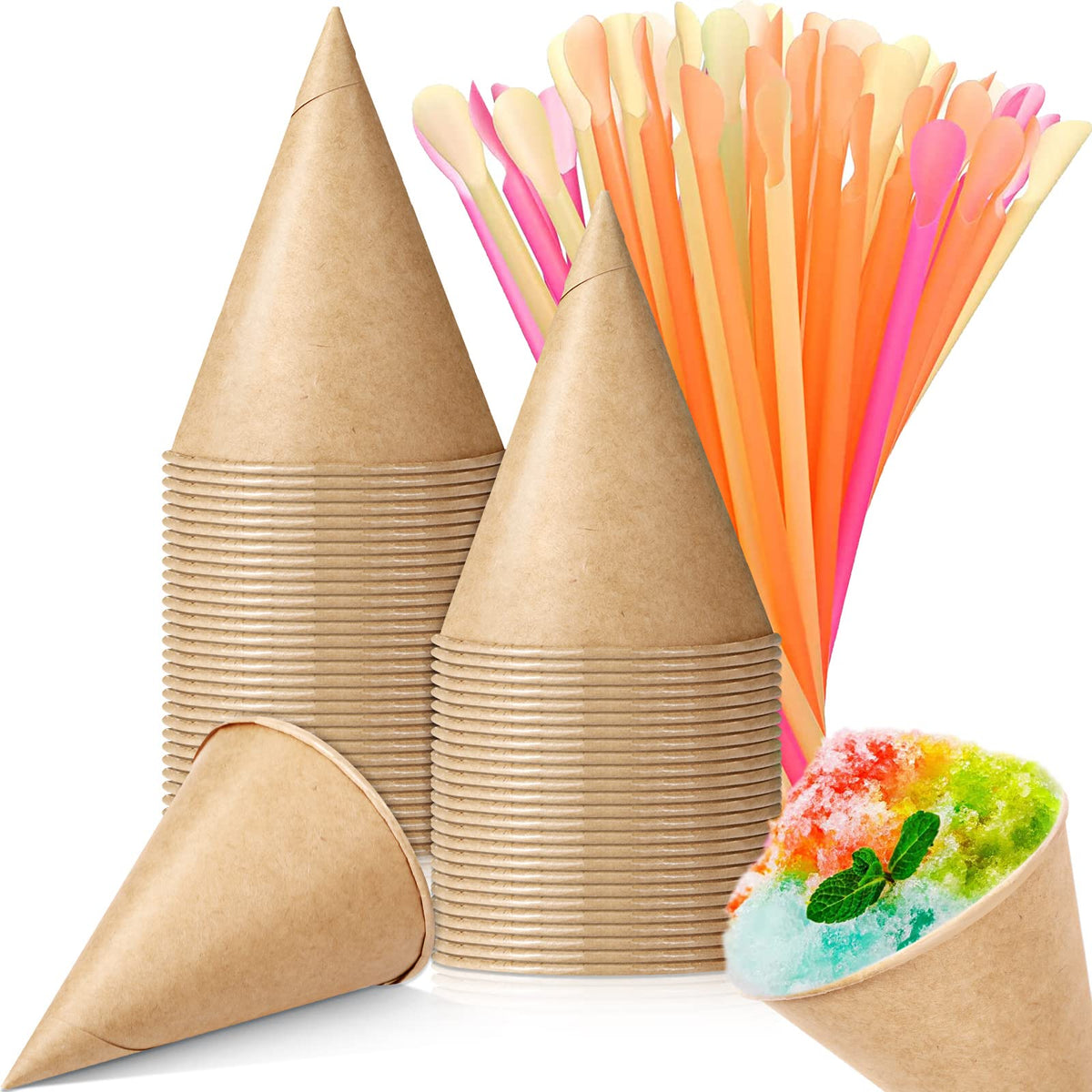 Boao 100 Pcs Snow Cone Cups Syrup Spoon Straws - Brown / 4.5 OZ