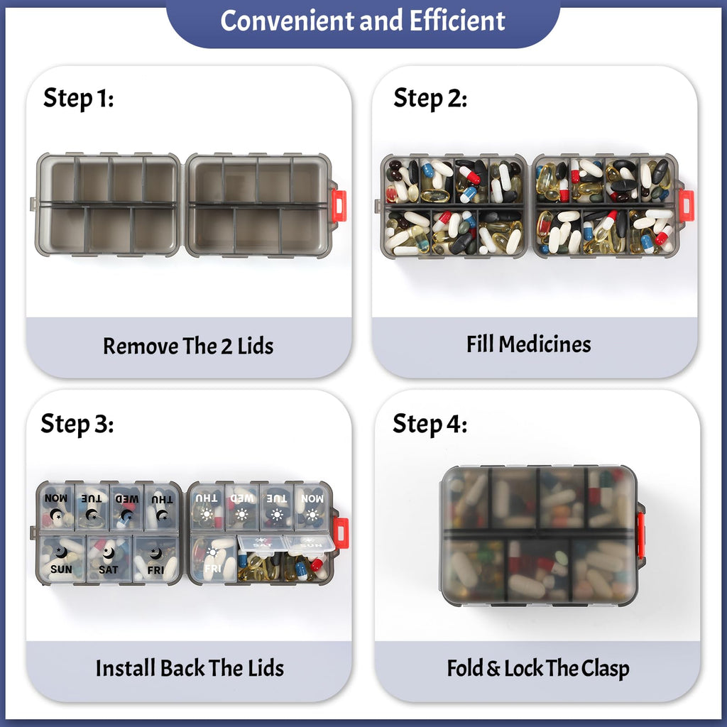 Foldable Portable 7 Day Pill Organizer 2 Times a Day, AM PM Weekly Pill Box