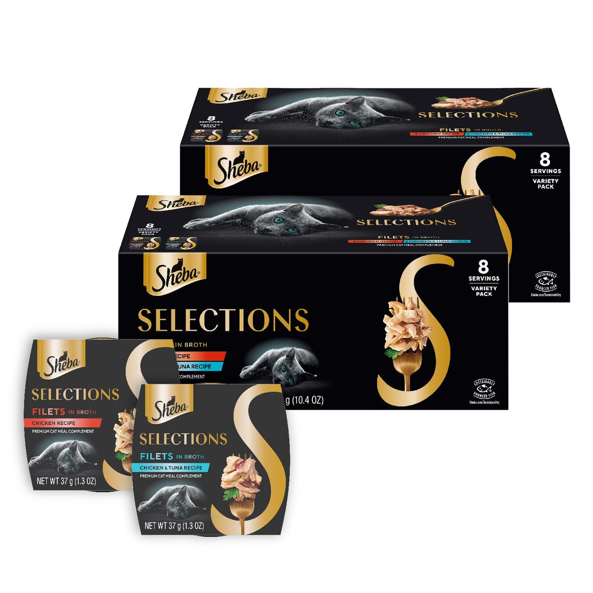 Sheba Selections Filets Wet Cat Food Complement, Variety, 1.3 oz, 8 ct, 2pk (Pack of 2)