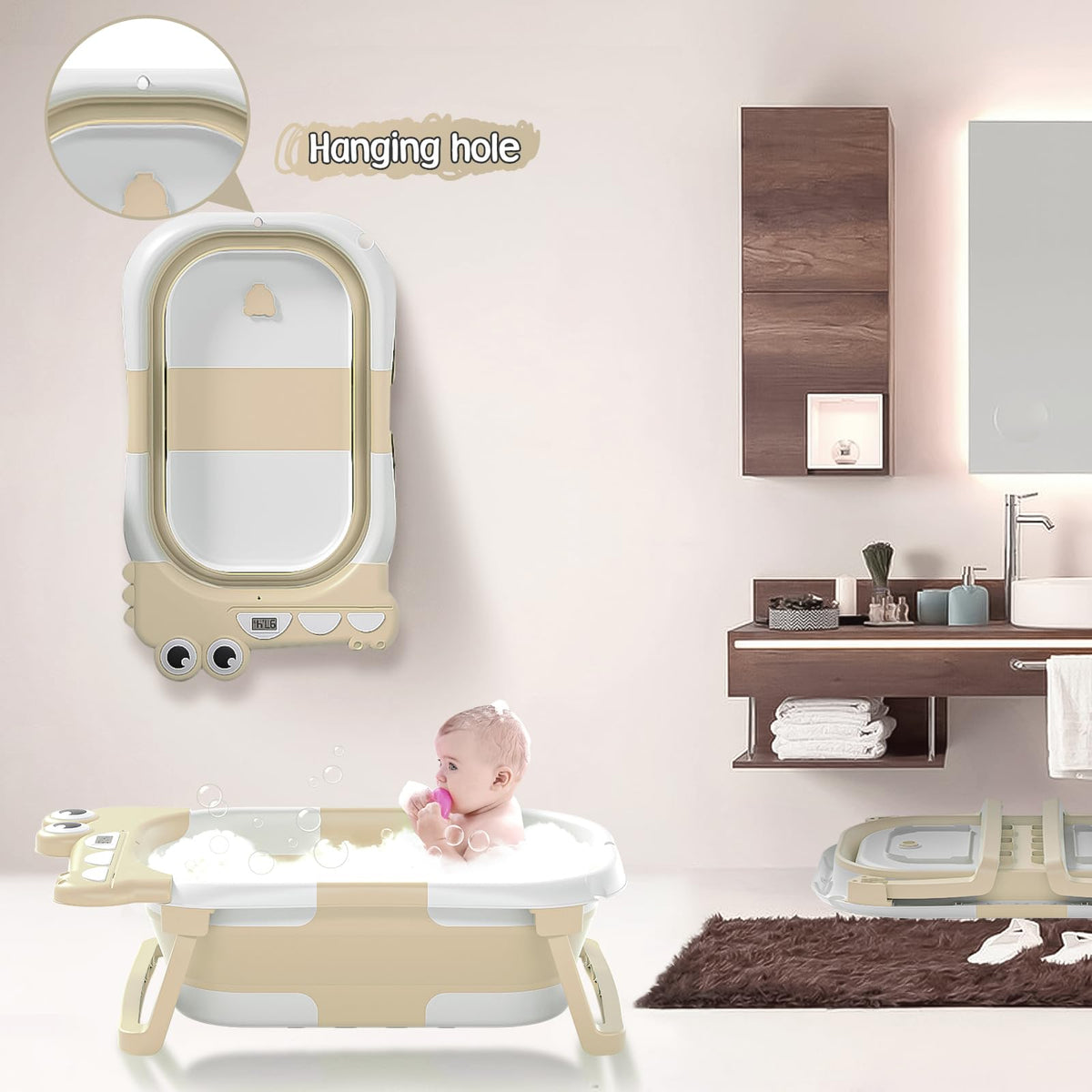 Tavlshero Collapsible Baby Bathtub for Newborn, Foldable Baby Bath Tub with Thermometer & Soft Floating Cushion & Drain