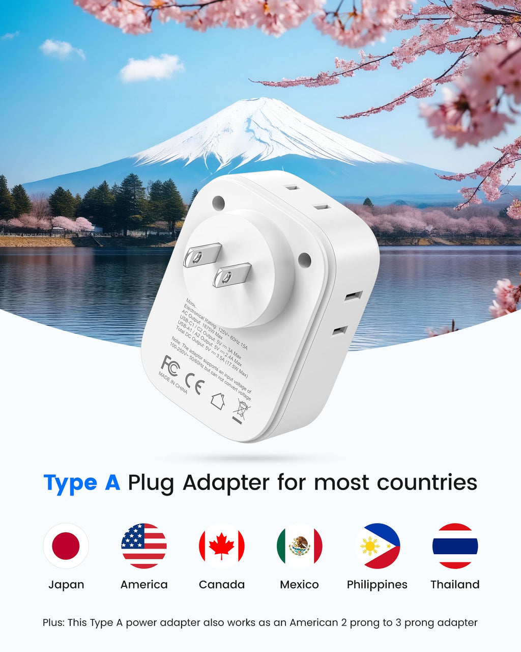 LENCENT Travel Plug Adapter - Type A-17.5W-Japan view 1
