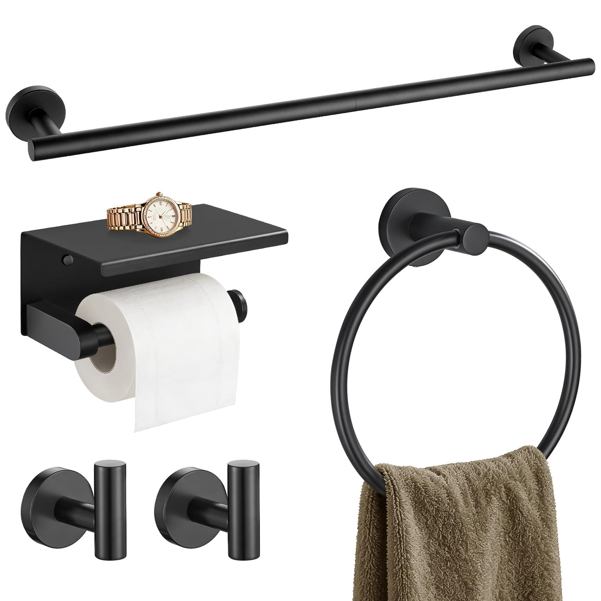 TURS Matte Black 5-Piece Bathroom Hardware Set Towel Bar Set SUS304 Stainless Steel Towel