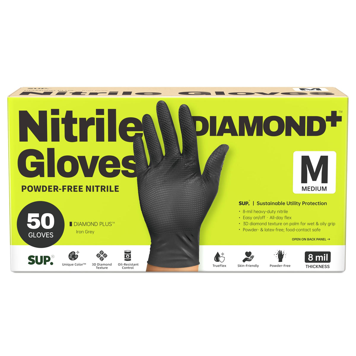 SUPER+ HEAVY DUTY Nitrile Gloves 8 Mil Diamond Texture Disposable Chemical Resistant Powder &Latex Free Food Safe Black 50 Ct - Medium (Iron-grey)