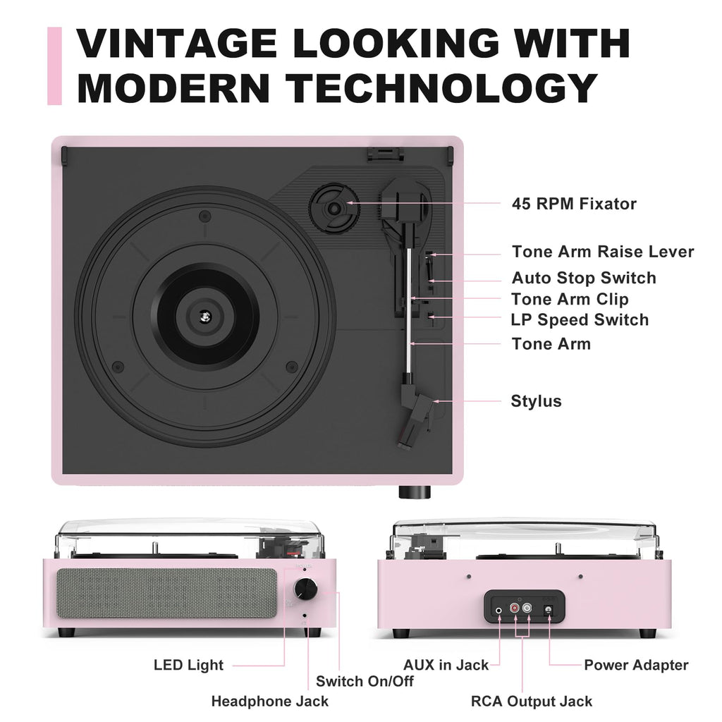 Seasonlife Vinyl Record Player with Speakers Turntable for Vinyl,Pale Pink (additional view 7)