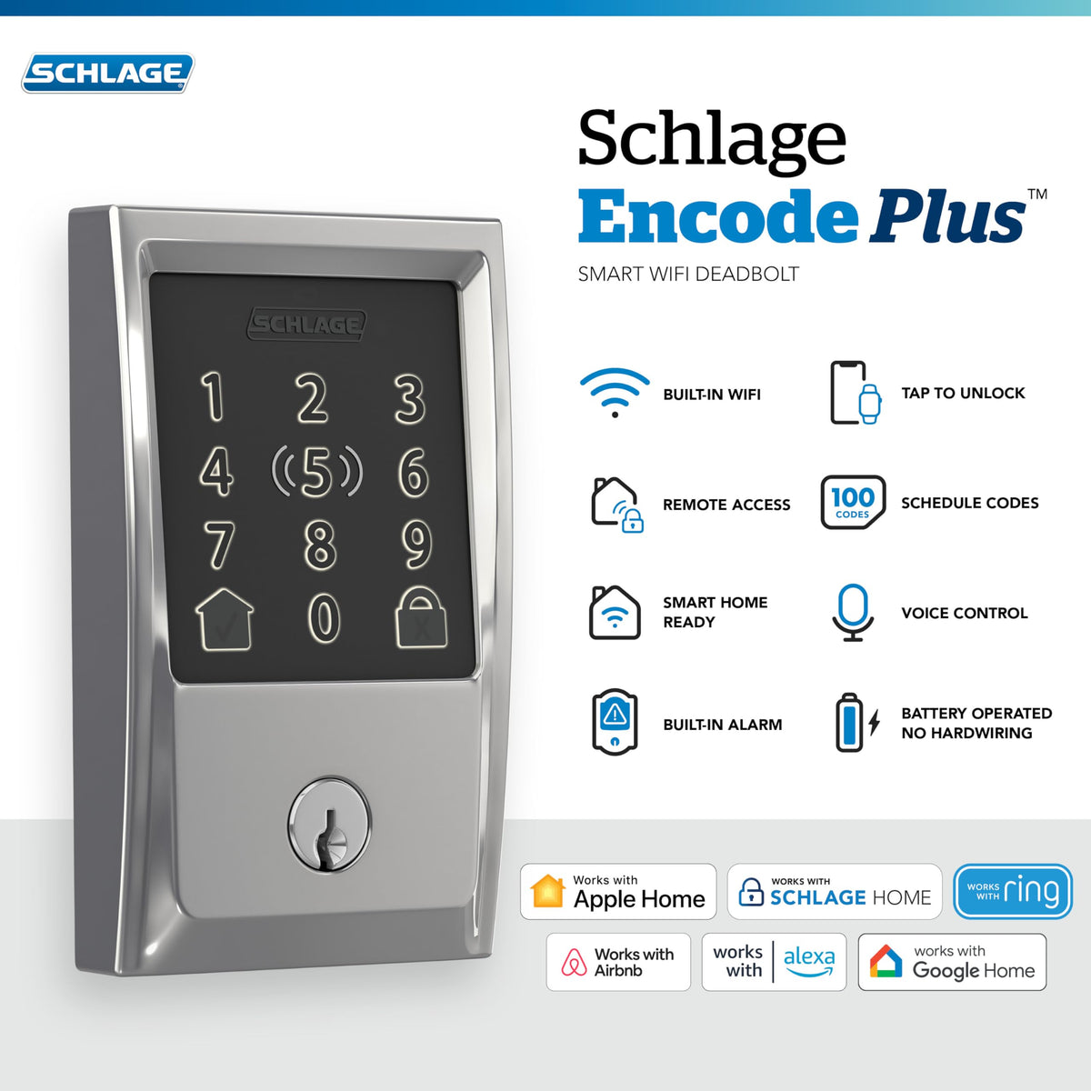 Schlage Encode Plus Smart WiFi Deadbolt Lock, Tap to Unlock