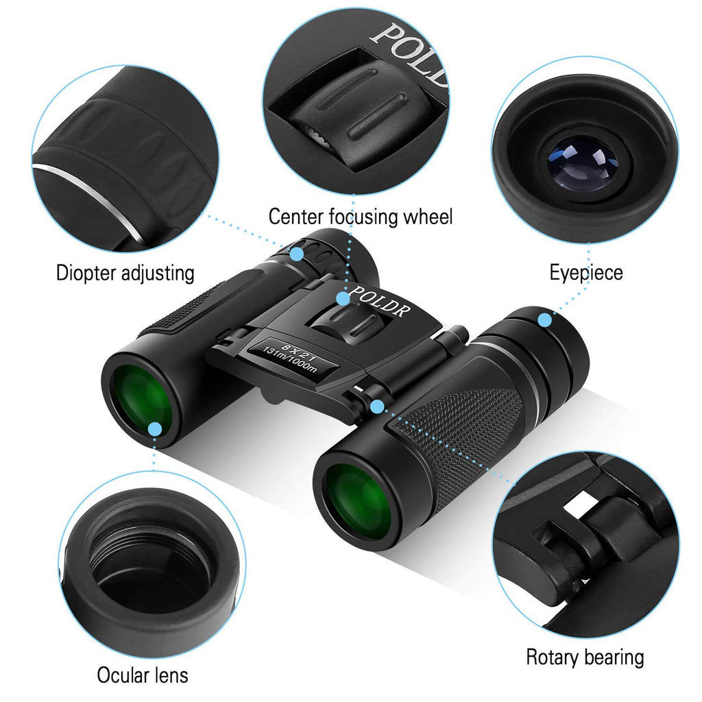 POLDR 8x21 Small Compact Binoculars for Adults, Travel Hiking Essentials (8x21-Black)