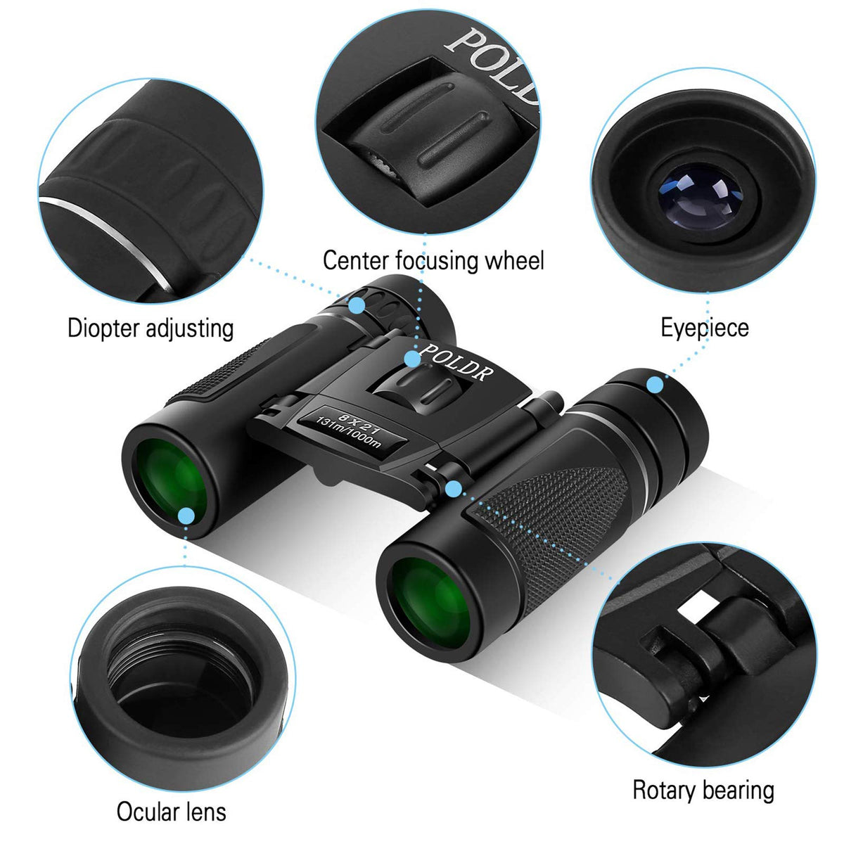 POLDR 8x21 Small Compact Binoculars for Adults, Travel Hiking Essentials (8x21-Black)