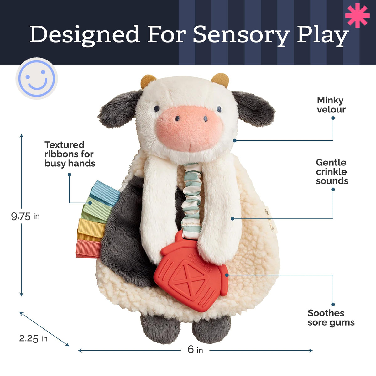 Itzy Ritzy Lovey Including Teether, Teething Relief, 0 Months & Up (Cow)