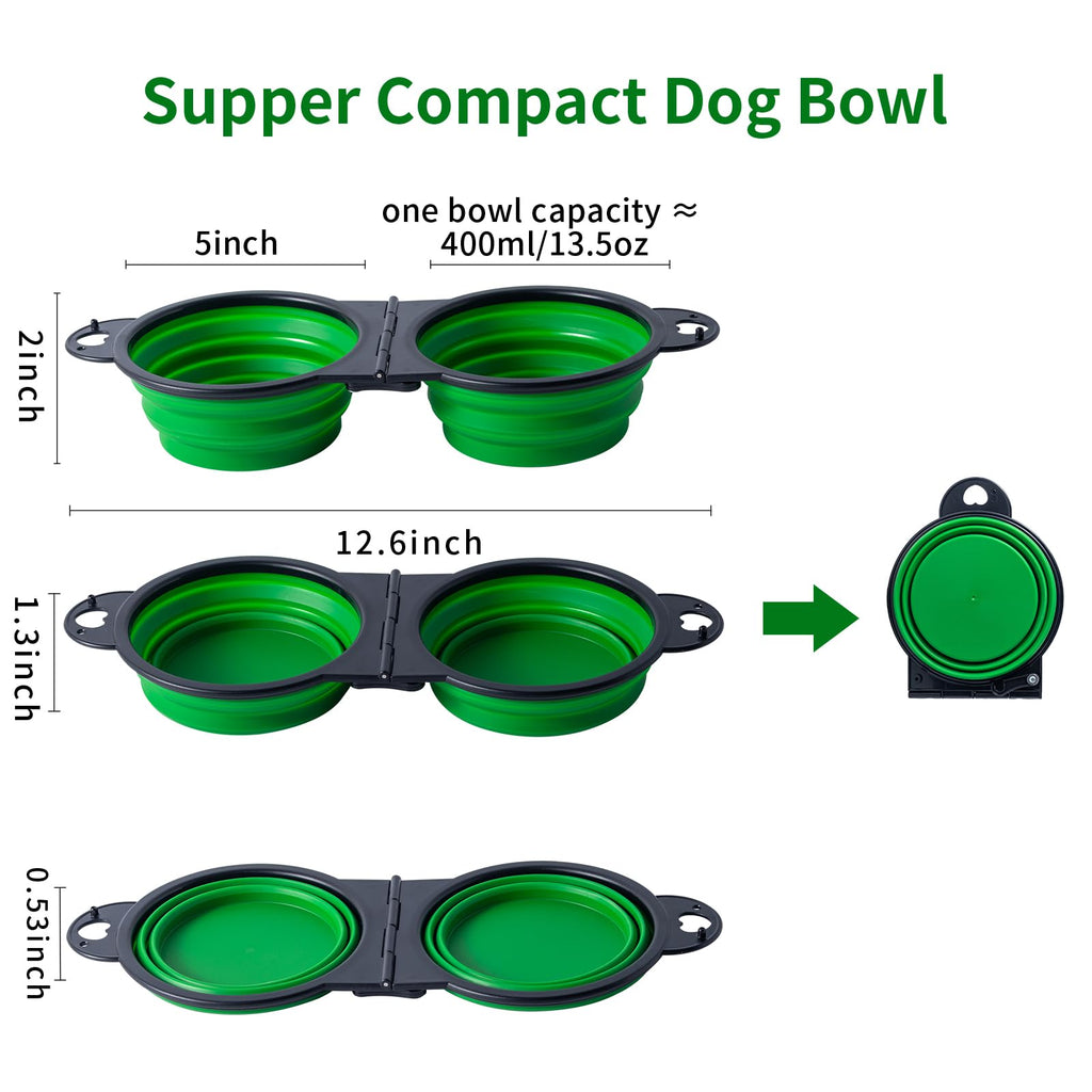 SLSON Collapsible Dog Dual Bowls Reinforced Rim 180 Degrees Flip Over Bowl - Green view 1