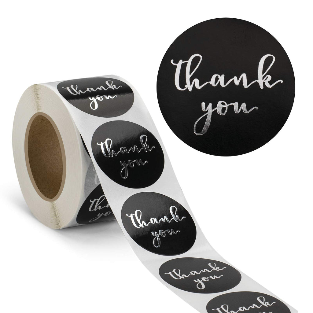 1.5" Thank You Labels - Round Stickers for Small Business, 500 Labels Per Roll - Black/Silver view 1