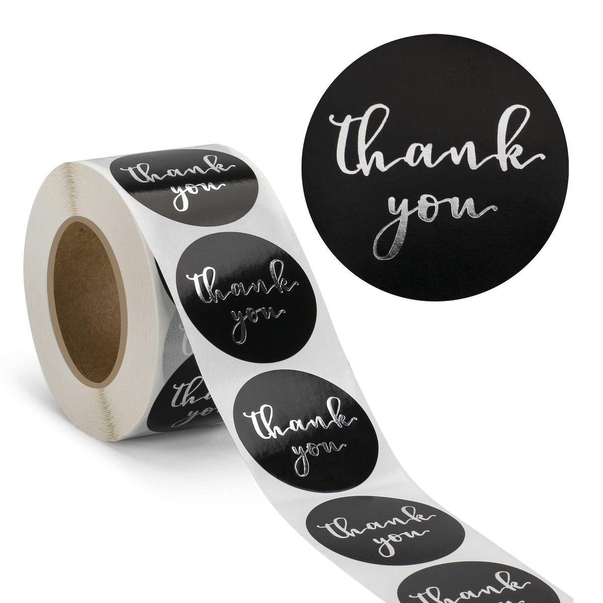 1.5" Thank You Labels - Round Stickers for Small Business, 500 Labels Per Roll - Black/Silver view 1