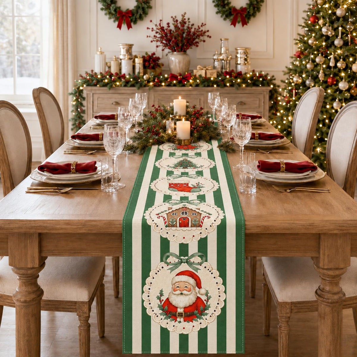 13 x 60 Table Runner for Holiday and Farmhouse Kitchen Decor - Green Stripe view 2
