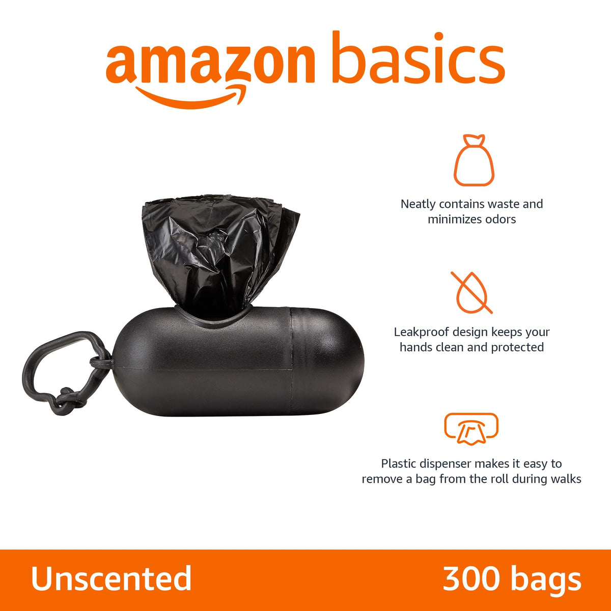 Amazon Basics Dog Poop Leak Proof Bags with Dispenser and Leash Clip, Unscented, 13" x 9" Large Size, – 300 Count (Pack of 20)