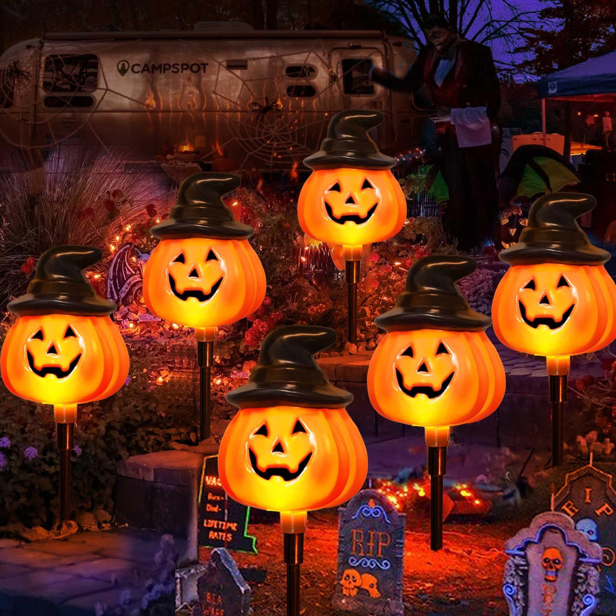 6 Pack Solar Jack O Lantern Stake String Lights - Orange Halloween Pathway Decor for