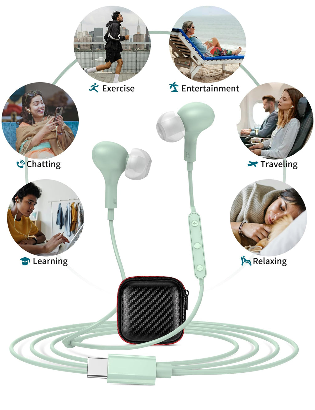 USB C Headphones for iPhone 18 Pro Max 17 16 15/Galaxy S26 FE Wired Earbuds - Mint-Green view 7