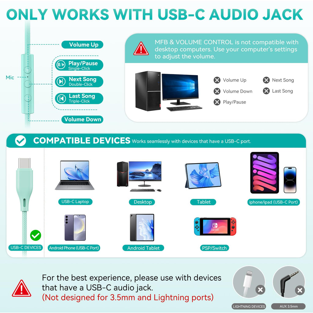 KVIDIO Wired Headphones with Mic - Mint Green view 2