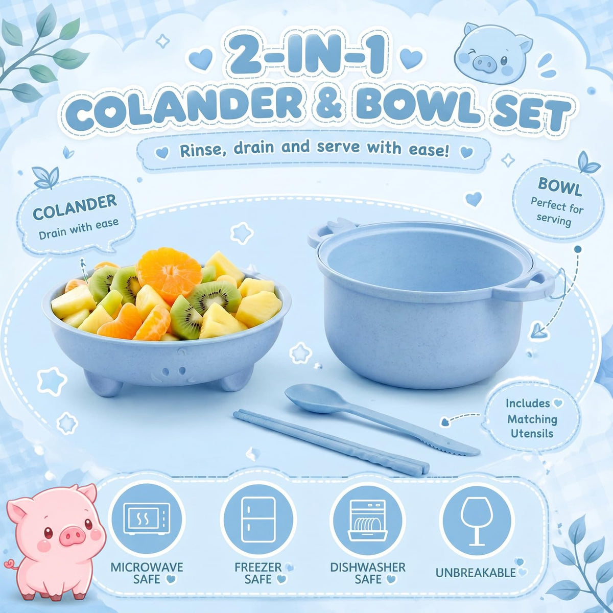 Romooa 45oz Cute Pig Ramen Bowl Set Microwavable