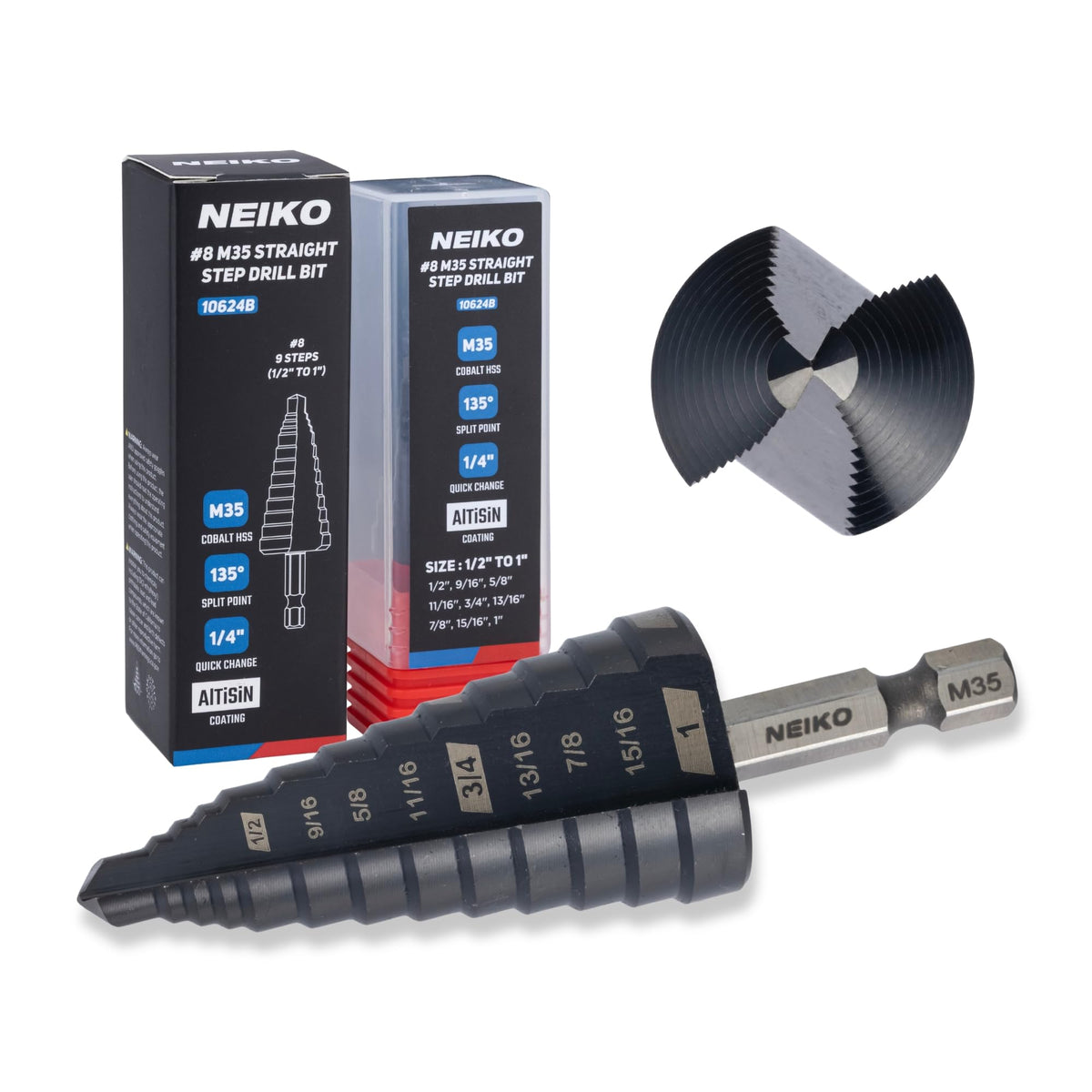 NEIKO 10624B Step Drill Bit, 9 Steps 1/2" to 1" Straight M35 Cobalt, AlTiSiN Coated, 1/4"