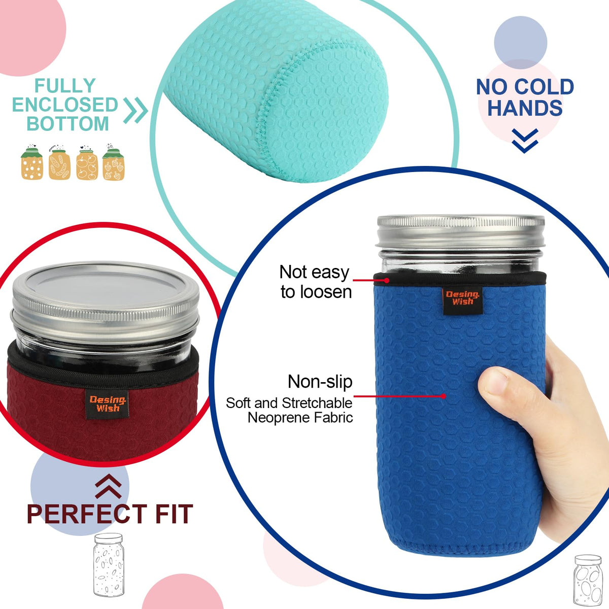 Desing Non-slip Cozy Insulated Glass Jars Protector Holder Sleeves - 24 oz Sleeves (3.0 x 5.5 In) - Black/Red/Blue/Cyan view 2