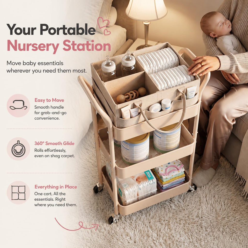 3 Tier Rolling Diaper Caddy Cart - Beige view 2