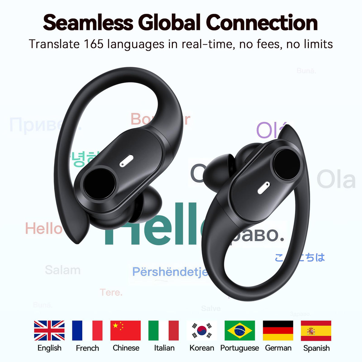 Active Noise Cancelling Ear Buds Wireless Bluetooth Headphones 80H Playtime Display Charging Case 50dB ANC Over - AI Translation Black view 1