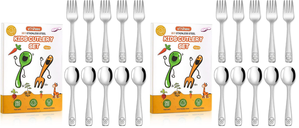 VITEVER 10-Piece Toddler Utensils, Kids Stainless Steel Silverware Set, Children Safe