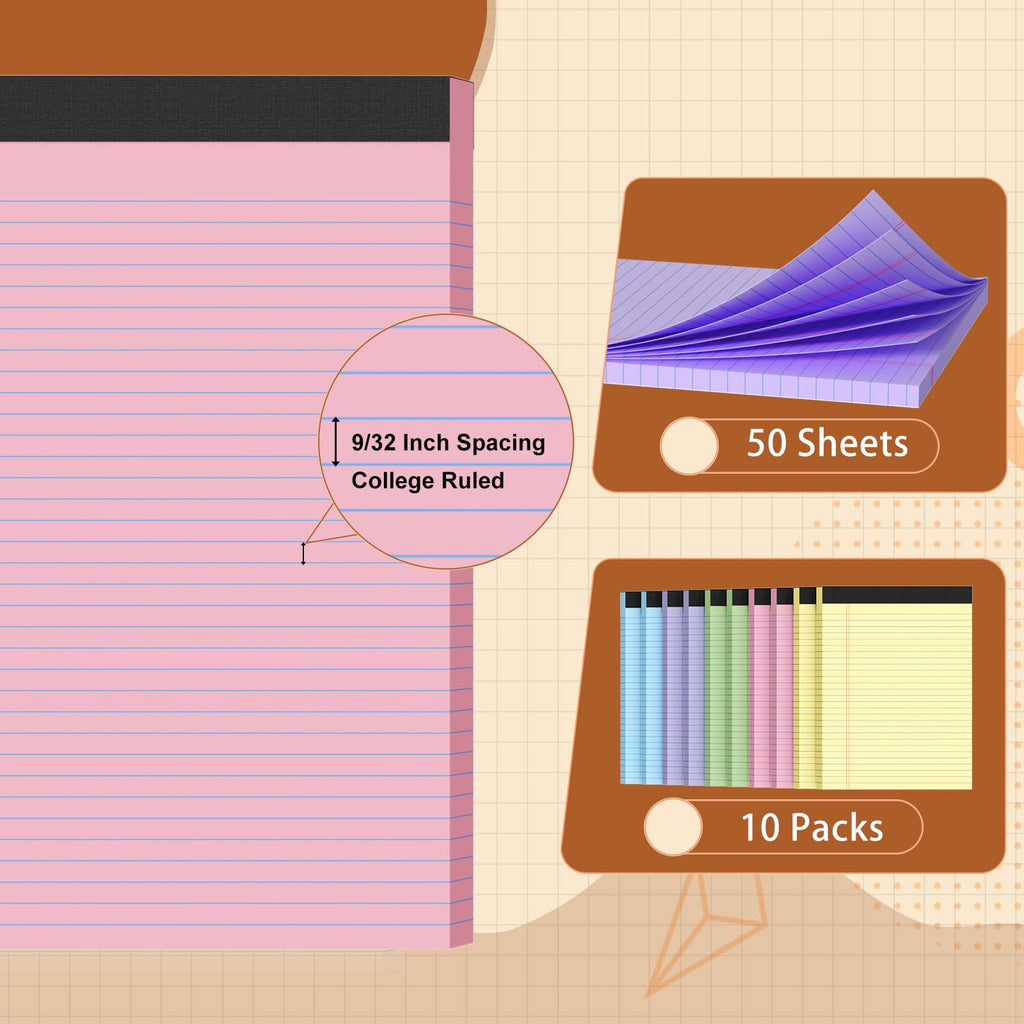 Glyanlee Legal Pads 8.5 x 11 Ruled Notepads, 50 Sheets/Pad - Multicolor / 10 Pack view 2