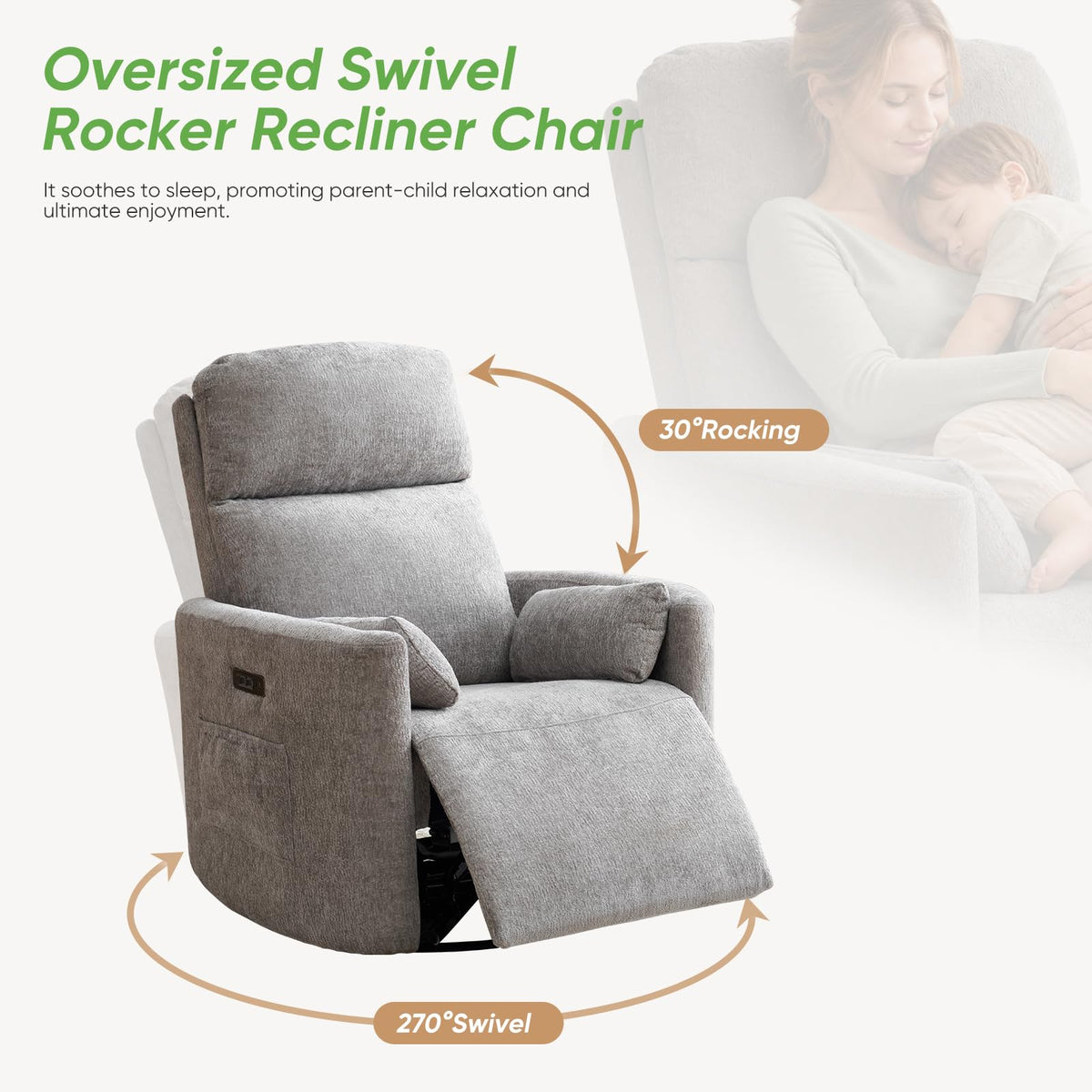 Rhevoy Oversized Power Recliner with Massage and Heat, Swivel Rocker Recliner with Adjustable Headrest, Glider Recliner