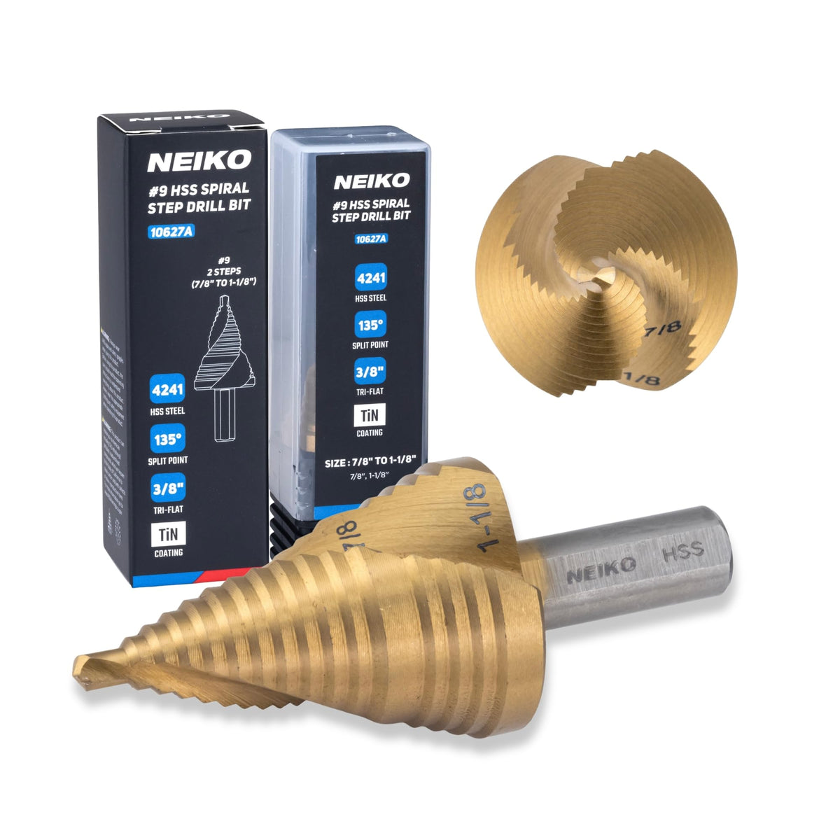 NEIKO 10627A Step Drill Bit, 2 Steps 7/8" to 1-1/8" Spiral High Speed Steel, Titanium