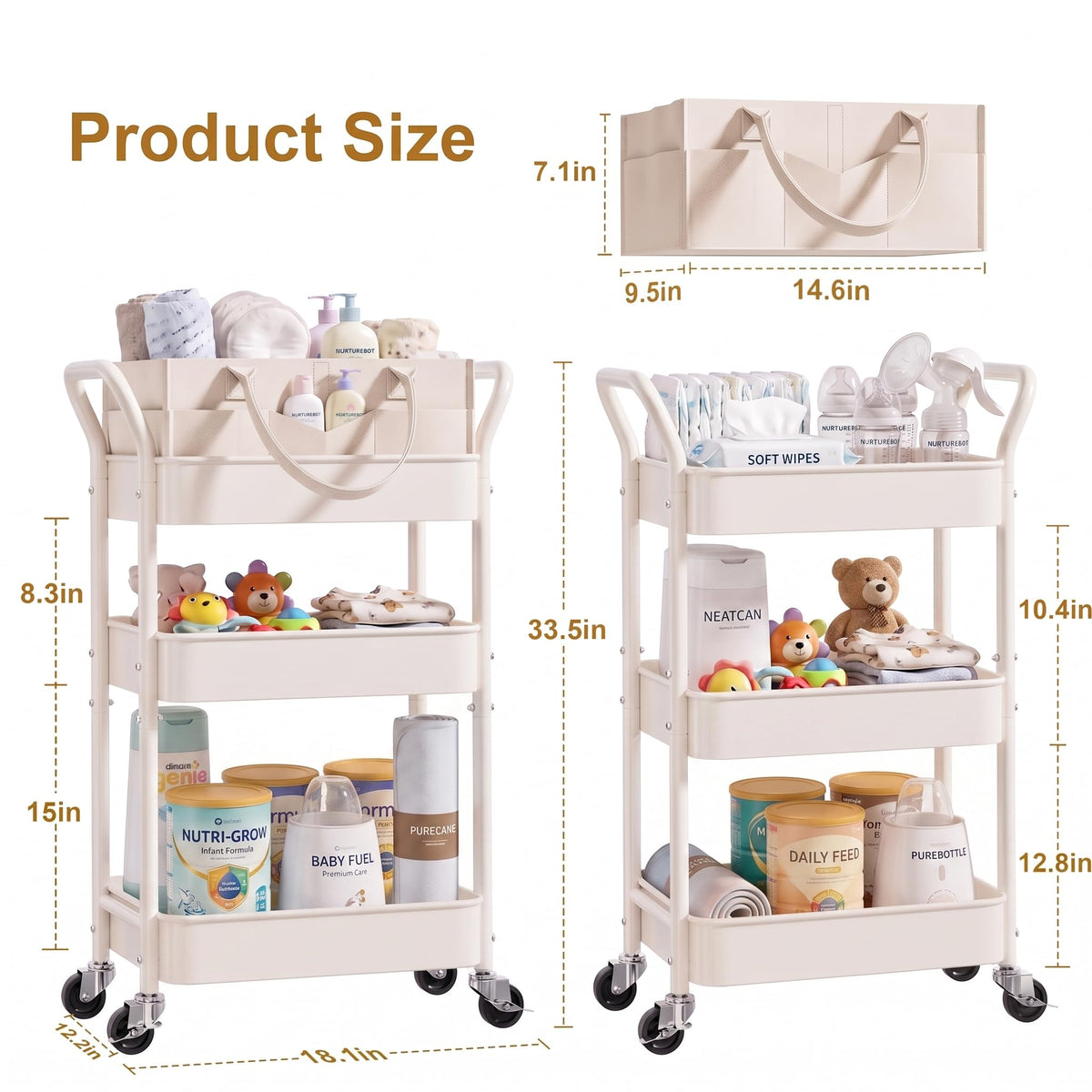 3 Tier Rolling Diaper Caddy Cart - Off-white view 8