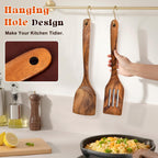 MemoGem 2Pcs Wooden Spatula, Acacia Solid & Slotted Turner Spatula Set, Long Handle Flat Frying Spatulas, Ideal Kitchen (Pack of 2)