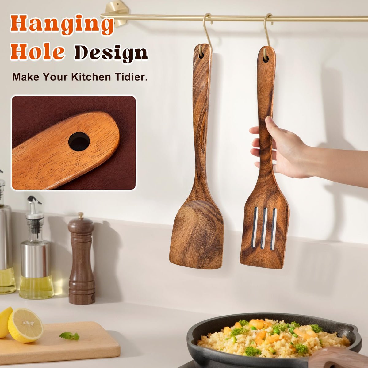 MemoGem 2Pcs Wooden Spatula, Acacia Solid & Slotted Turner Spatula Set, Long Handle Flat Frying Spatulas, Ideal Kitchen (Pack of 2)
