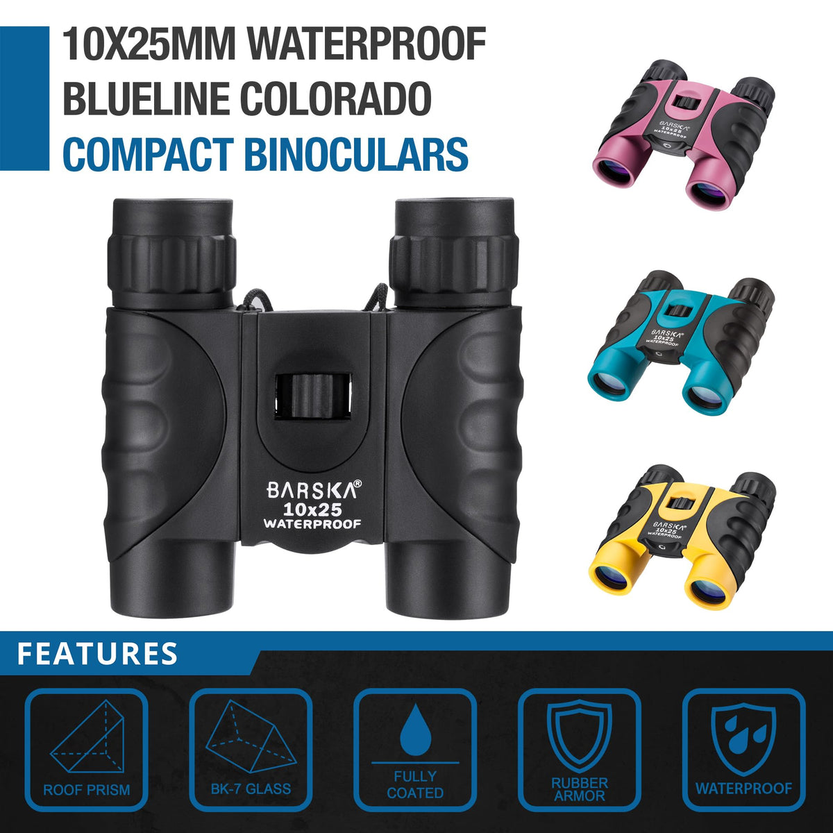 Barska 10x25 Waterproof Compact Binoculars - Black view 4