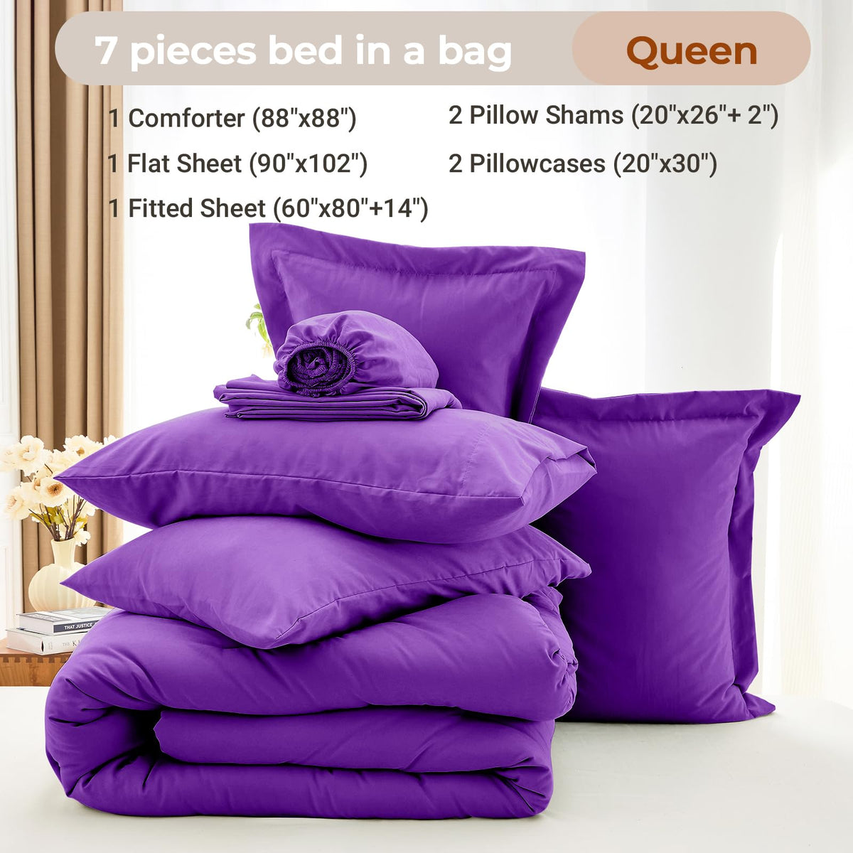 MUXHOMO 7 Pieces Comforter - Purple / Queen(88"x 88") view 3