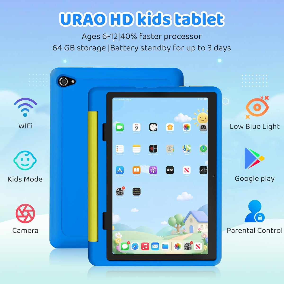 Kids Tablet,Android 16 Tablet for Kids 10 inch with Case,24GB RAM 64GB ROM - Blue view 1