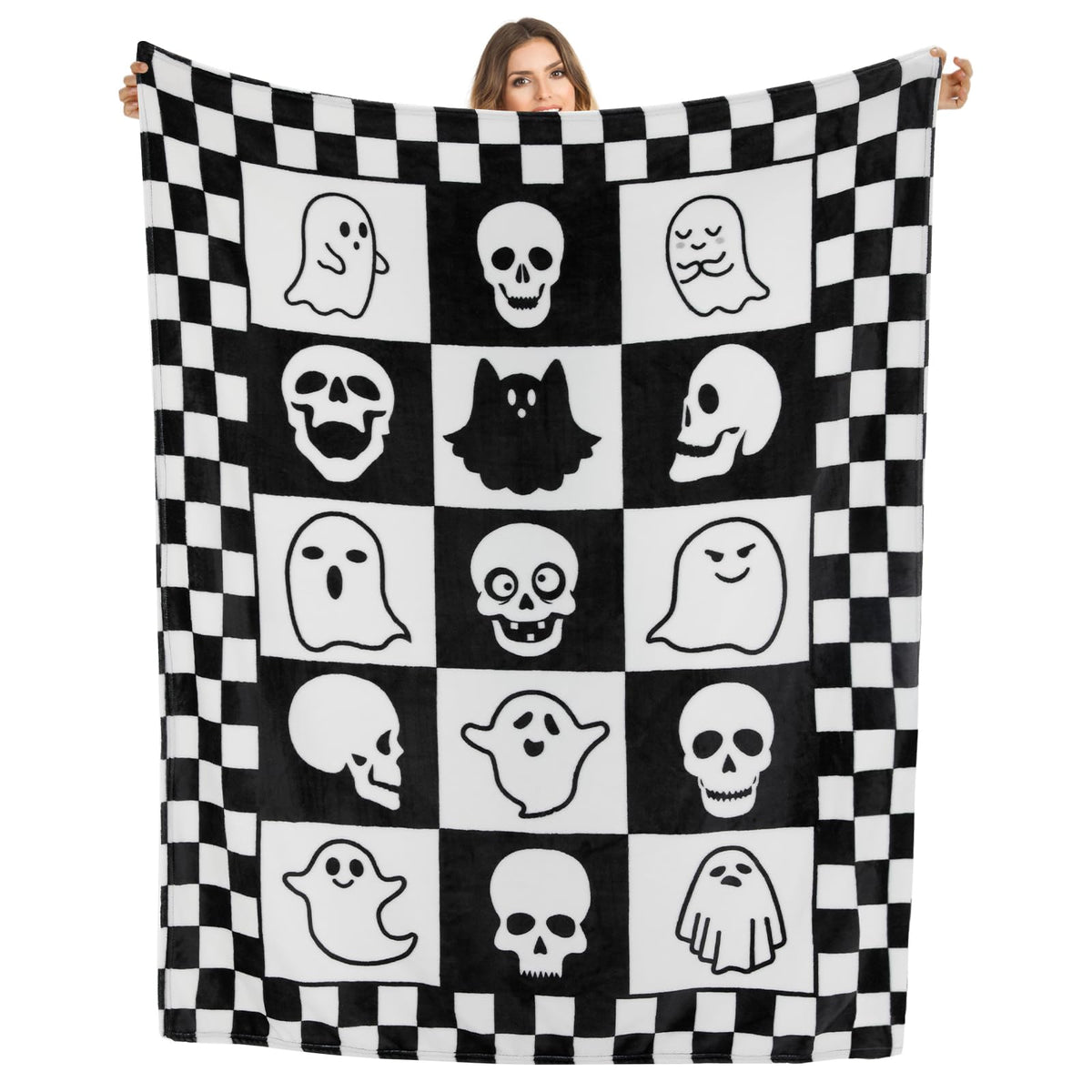 PARTY TELLER Skull Blanket, Black and White Checkered Ghost Blanket