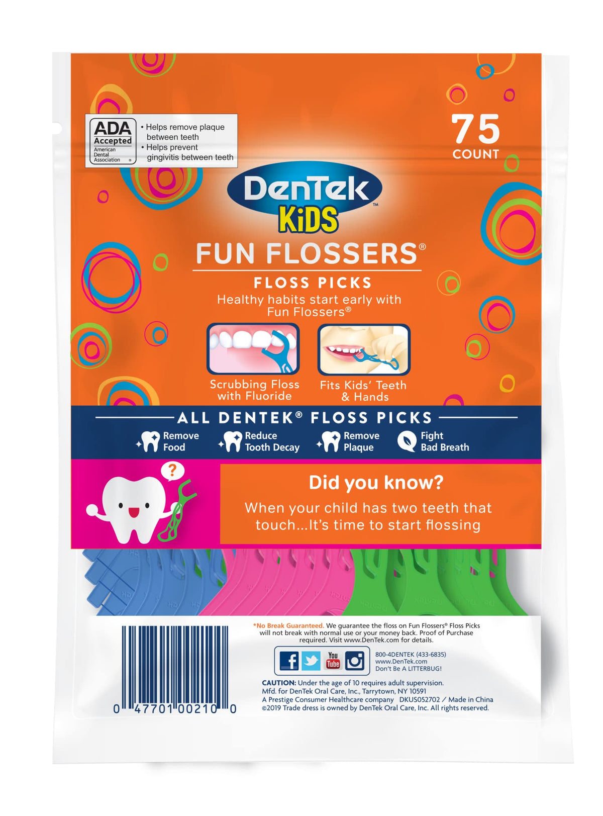 Dentek Floss Picks, Kids Flossers, Wild Fruit Flavor, 75 Count (Pack of 36)