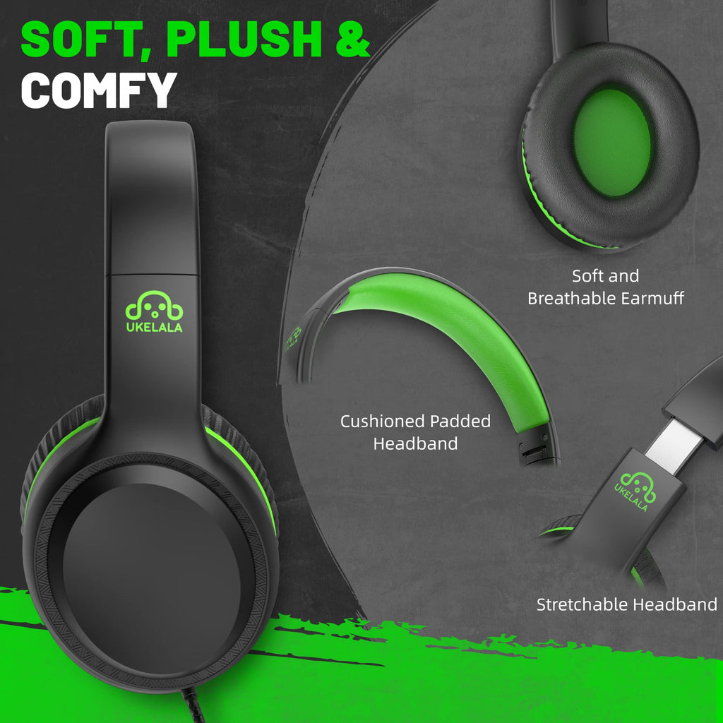 UKELALA U2C Type C Headphones - Black/Green view 1