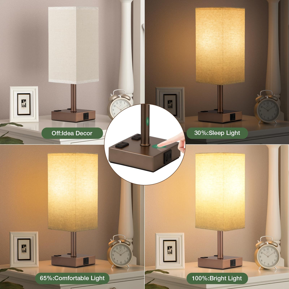 aooshine Set of 2 Touch Lamps with USB-C Port - Brown Shade-Brown Base view 2