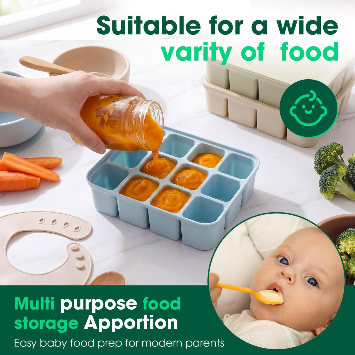 3 Pack Baby Food Freezer Tray with Lids - Blue, Green, Khaki view 5