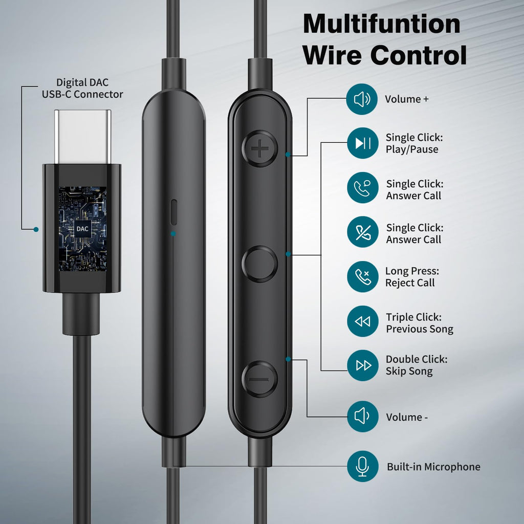 USB C Headphones for iPhone 18 Pro Max 17 16 15/Galaxy S26 FE Wired Earbuds - Black view 2