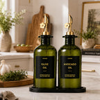 Olive Oil Dispenser for Kitchen, 2-Pack 12oz Glass Bottle - Olive-Green&Gold Labels view 5