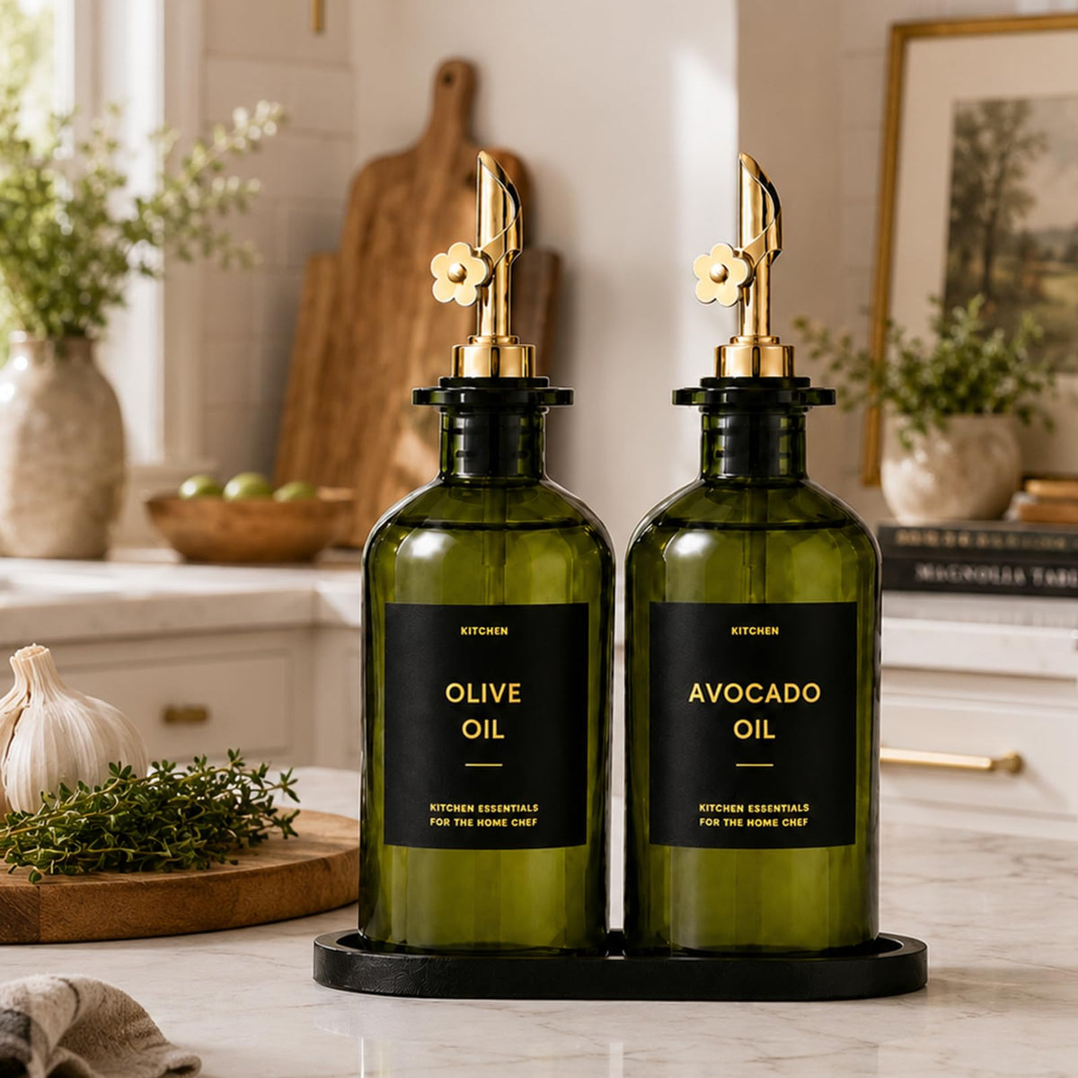 Olive Oil Dispenser for Kitchen, 2-Pack 12oz Glass Bottle - Olive-Green&Gold Labels view 5