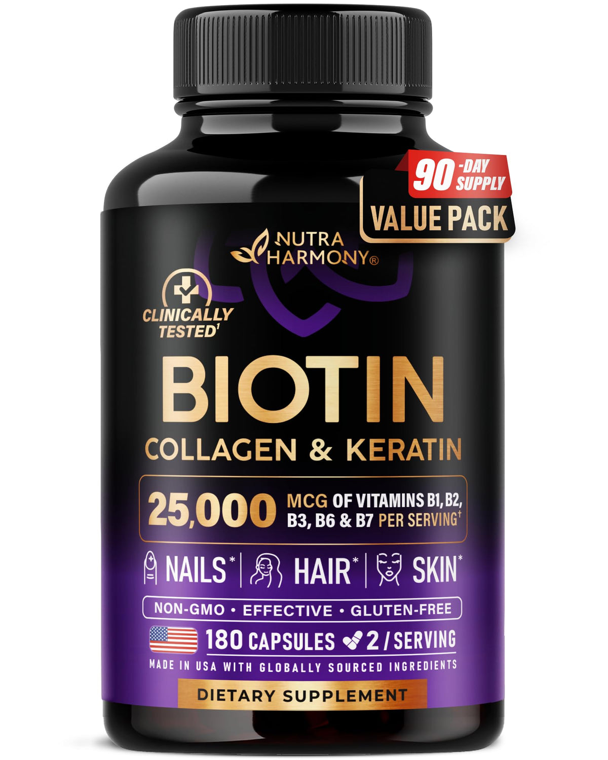 NUTRAHARMONY Biotin, Collagen, Hyaluronic Acid & Keratin - Hair Growth Support, 180 Caps