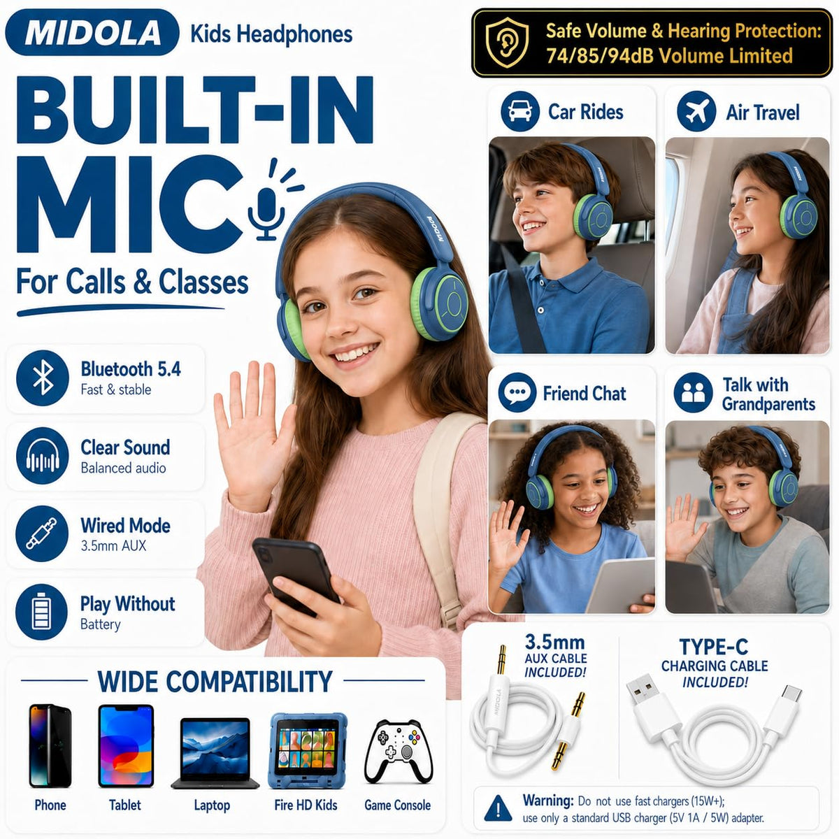 Kids Bluetooth Headphones Wireless Over-Ear,68Hrs,Volume Limit 85/94dB - Deep Blue view 3